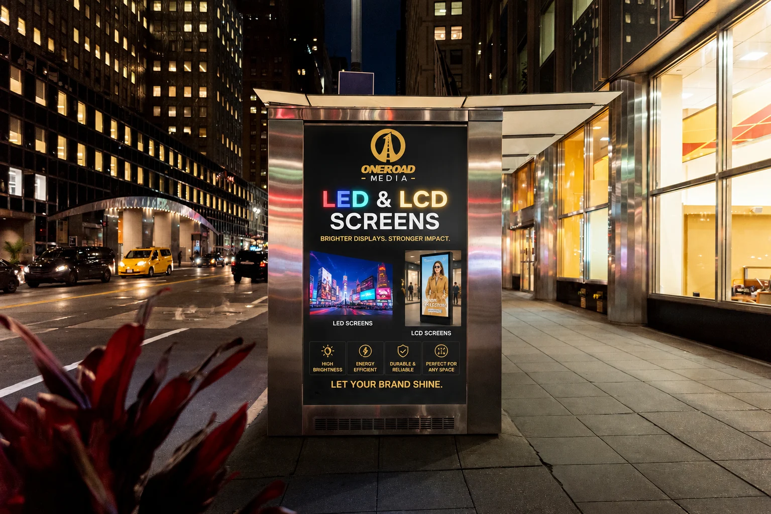 ONEROAD Media outdoor LED and LCD advertising kiosk at night